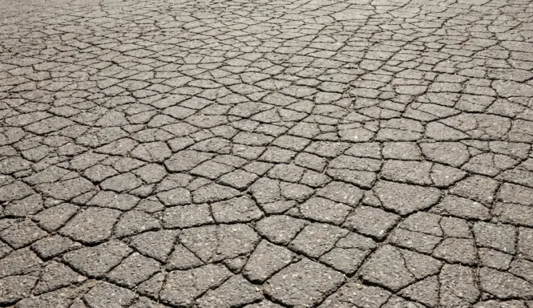 a dense network of interconnected alligator cracks covering a large area of weathered asphalt pavement.