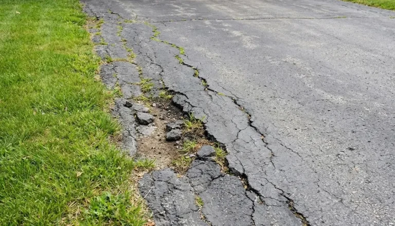 Deteriorated asphalt edges with large cracks and grass growing through the broken pavement.