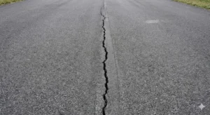 A long, straight longitudinal crack running down the center of a dark asphalt road pavement.