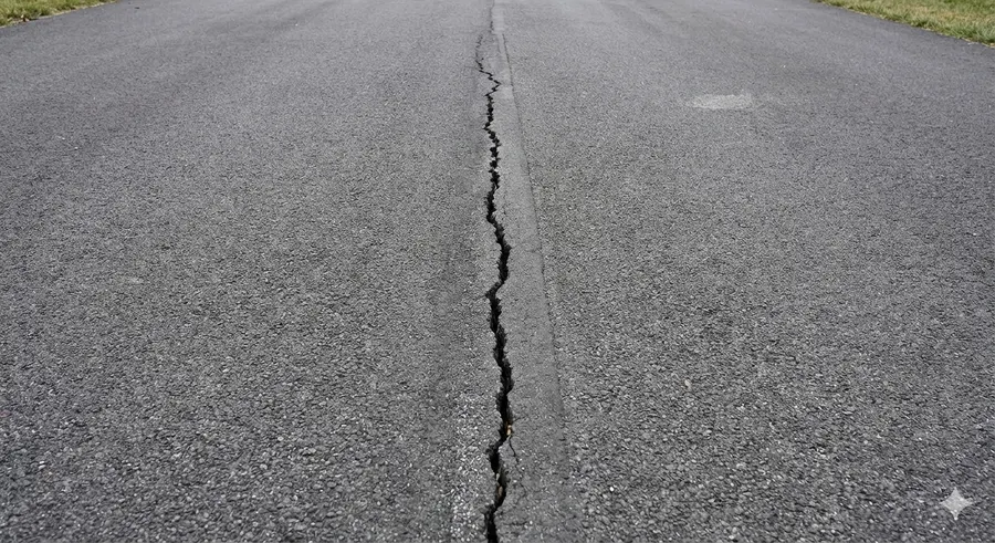 A long, straight longitudinal crack running down the center of a dark asphalt road pavement.