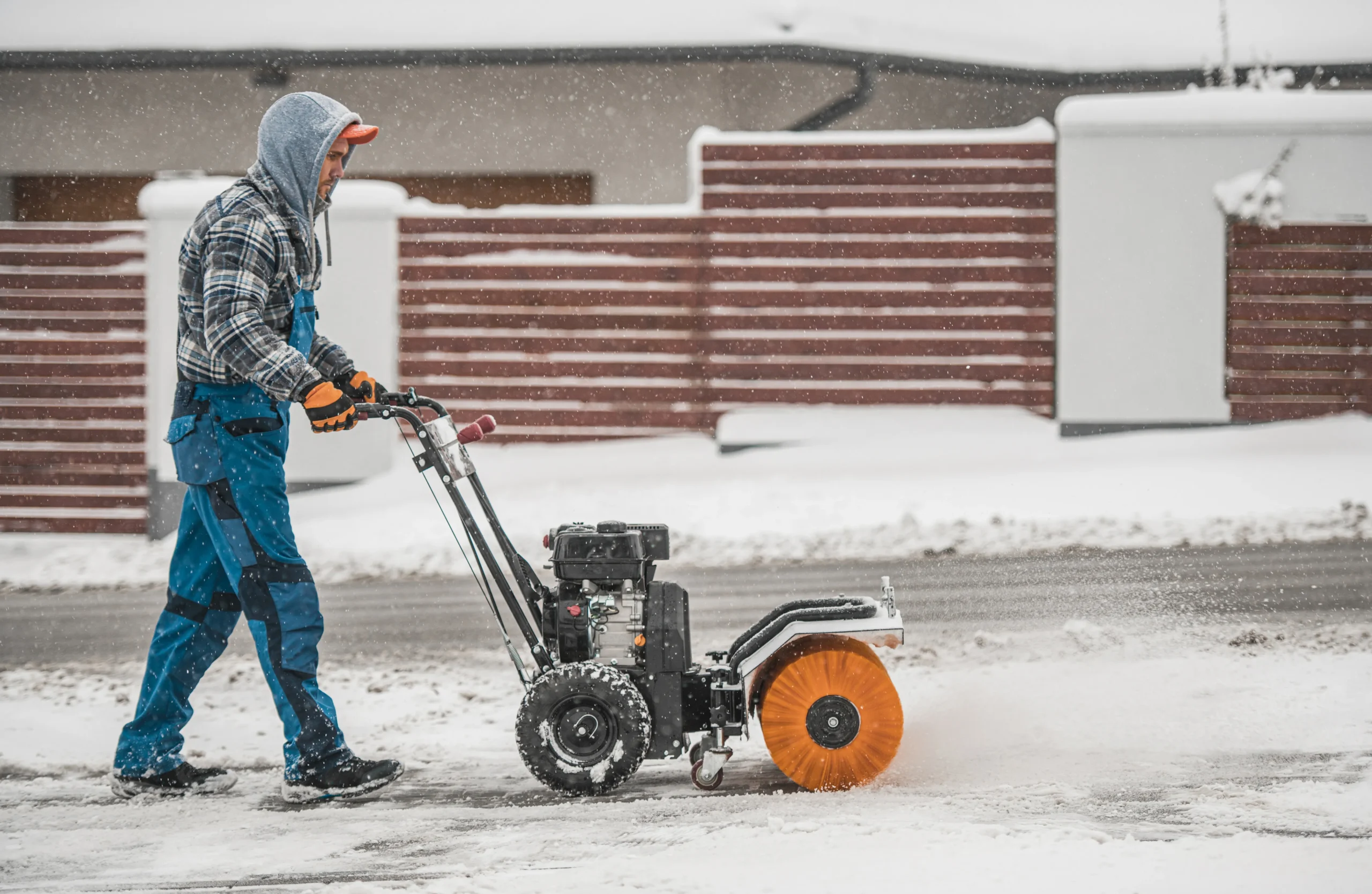 Snow removal worker using a power broom to clear a residential sidewalk